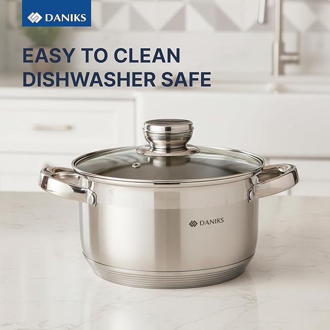 Daniks Standard Stainless Steel Stock Pot with Glass Lid – Induction 3 Quart, Dishwasher Safe, Measuring Scale, For Soup, Pasta, Stew, Silver