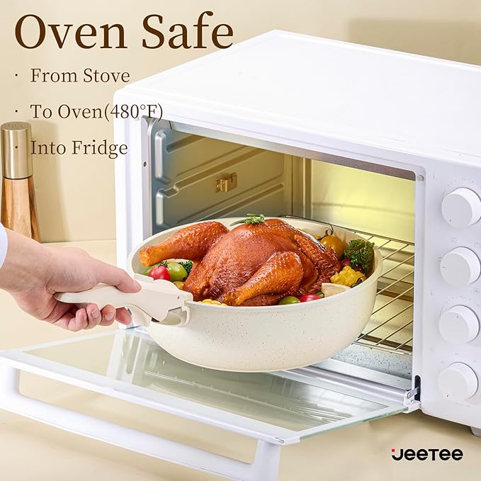 JEETEE Pots and Pans Set Non Stick 19pcs, Kitchen Cookware Sets with Detachable Handle, Induction Nonstick Cookware Set with Removable Handle, Stackable RV Cookware, Oven Safe, PFOA Free, Beige