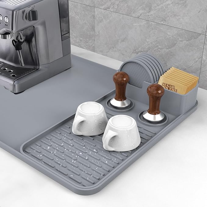 Silicone Coffee Mat with 6 Coasters,24"x16" Counter Bar Mat Fits Under Coffee Maker/Pot & Espresso Machine, Bar Aceessories,Detachable Drying Pad for Tamper,Sugar Packets,Cups & Countertop Protection