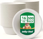 JOLLY CHEF Compostable Disposable Paper Bowl [16 oz] Heavy Duty Soup Containers [500 Pack] Biodegradable Bagasse Hot Cold Food Eco-Friendly Sugarcane Microwavable Bowls for Salad Dessert Milk Cereals