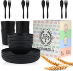 Homienly Wheat Straw Dinnerware Sets, 20pcs Unbreakable Microwave Dishwasher Safe Tableware Lightweight Bowls, Cups, Plates Set Reusable Dinner Plates Bowls set (Matte Black)