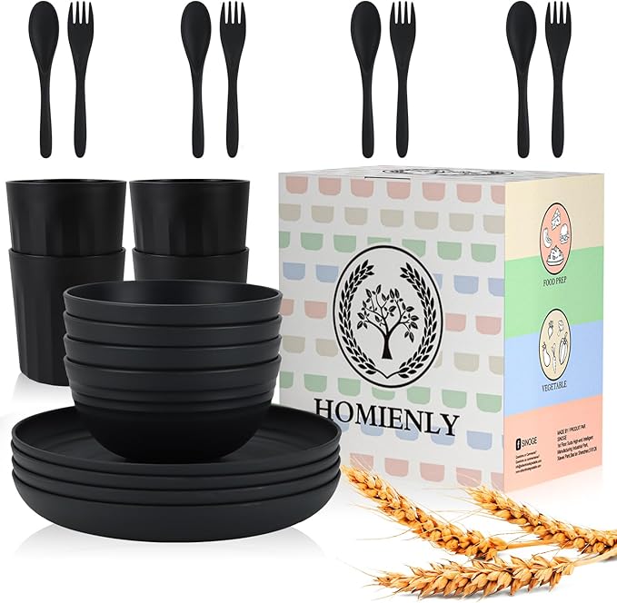 Homienly Wheat Straw Dinnerware Sets, 20pcs Unbreakable Microwave Dishwasher Safe Tableware Lightweight Bowls, Cups, Plates Set Reusable Dinner Plates Bowls set (Matte Black)