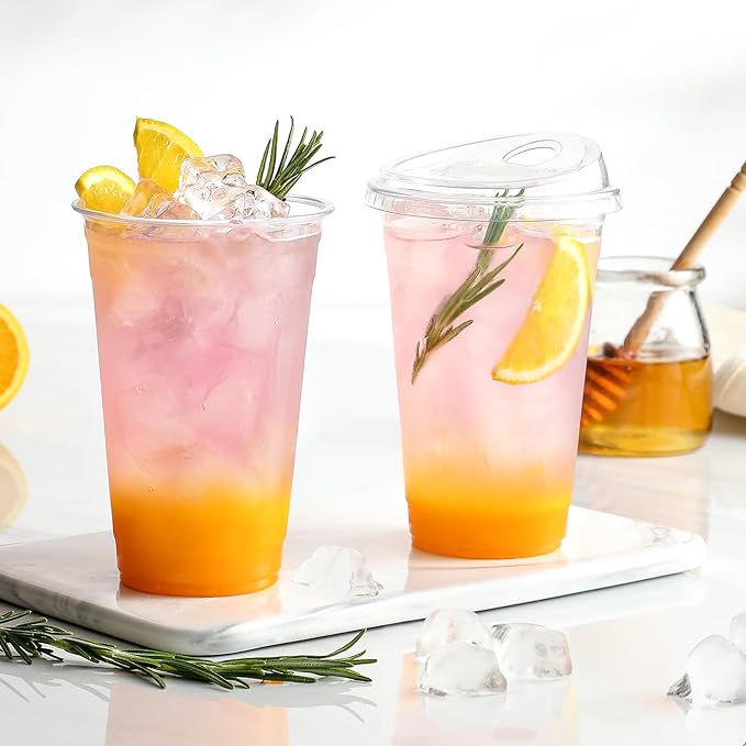 AOZITA 100 Pack 24 oz Disposable Plastic Cups With Strawless Sip-Lids, Clear Plastic Iced Coffee Cups Go for Drinks, Bubble Tea, Cold Beverage - BPA Free