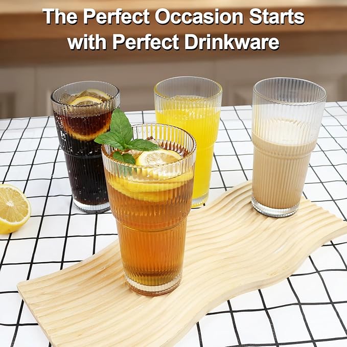 Drinking Glasses，19oz Ribbed Glassware,9 Pack Old Fashioned Glasses,Thickened glass for iced coffees, smoothies, cocktails and juices, perfect for families and parties (9)