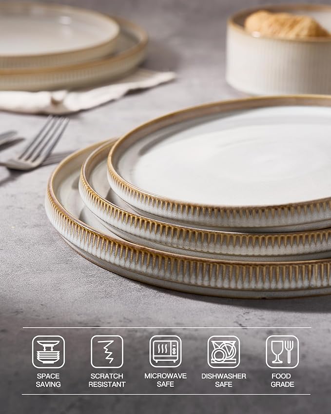 famiware Star Dinner Plates for 6, 10 inches Plate Set, Scratch Resistant, Stoneware Dinnerware, Kitchen Modern Rustic Serving Dishes, Cappuccino White