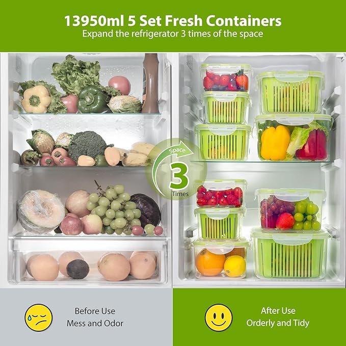 LUXEAR Fruit Vegetable Produce Storage Saver Containers with Lid & Colander 5 Packs BPA-Free Plastic Fresh Keeper Set | Refrigerator Fridge Organizer | for Salad Berry Lettuce Food Celery - Green