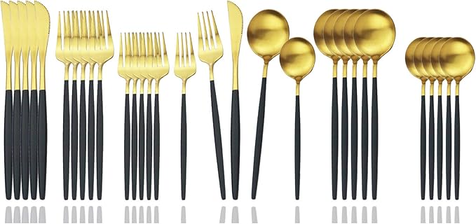 JASHII Flatware Silverware Set Stainless Steel Satin Finish Cutlery Set Service for 6, 30-Piece Spoons And Forks Kitchen Utensil Set, Dishwasher Safe (Matte Black handle gold)