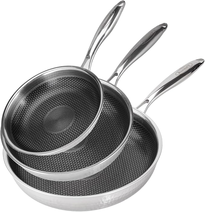 Hybrid 8 10 12 inch Stainless Steel Non Stick Skillet set,Frying Pans Nonstick, PFOA Free Cookware, Dishwasher and Oven Safe, Induction Compatible