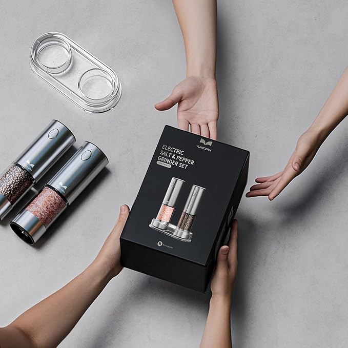 Electric Salt and Pepper Grinder Set Rechargeable, Yumcian Automatic Shakers Set with Adjustable Coarseness and LED Light, Stainless Steel Mill Set, Upgraded Larger Capacity