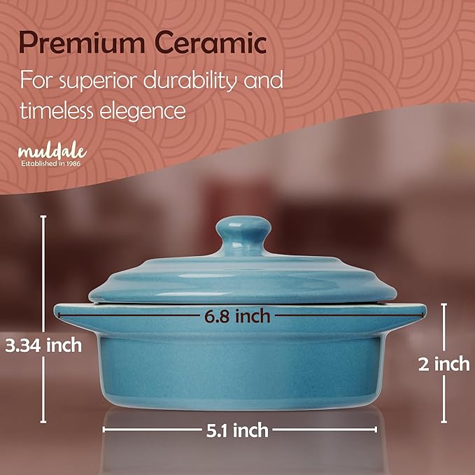 Muldale Brie Baker with Lid and Spreader - Camembert Baker Crock in Blue - Free from Lead Ceramic Baking Dish - 5.5” - Fits Standard Camembert Wheel