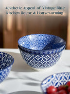 DOWAN 33 OZ Large Bowls Set of 6 - Ceramic Deep Bowl for Ramen, Pasta, Salad - Vintage Blue Porcelain Bowls for Kitchen Decor & Housewarming Gift - Dishwasher & Microwave Safe