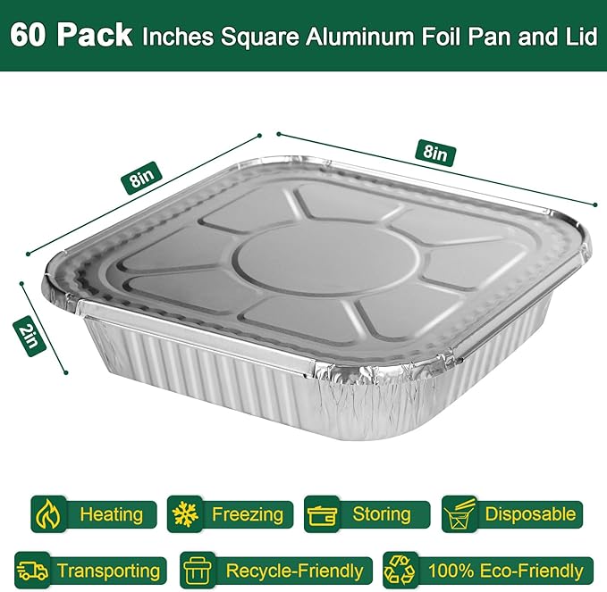 8x8 Aluminum Pans with Lids - 60 Pack Square Disposable Aluminum Foil Baking with Covers - Disposable Baking Pans for Air Fryer, Oven, Cooking