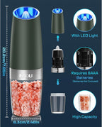 XinXu Gravity Electric Salt and Pepper Grinder Set, Automatic Mill Grinder Shaker,Battery-Operated, Adjustable Coarseness, Stainless Steel, LED Light, One Hand Operated,Dark Green