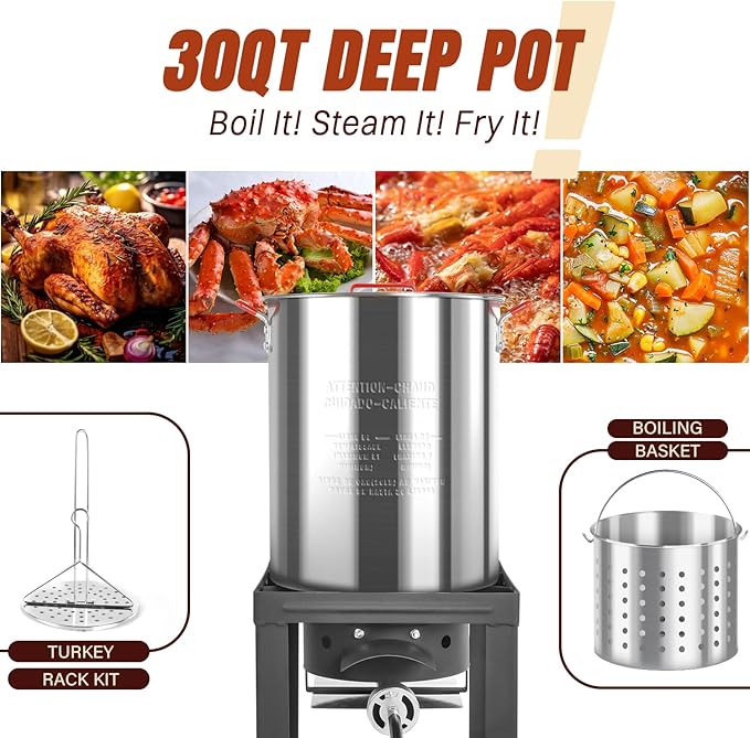 30QT Turkey Fryer & 10QT Fish Fryer Kit, Waterproof Cover & 12-inch Skimmer, 55,000BTU Propane Burner Stove, Aluminum Turkey Fryer Pot, Outdoor Deep Fryer, Crawfish Boiler with Basket