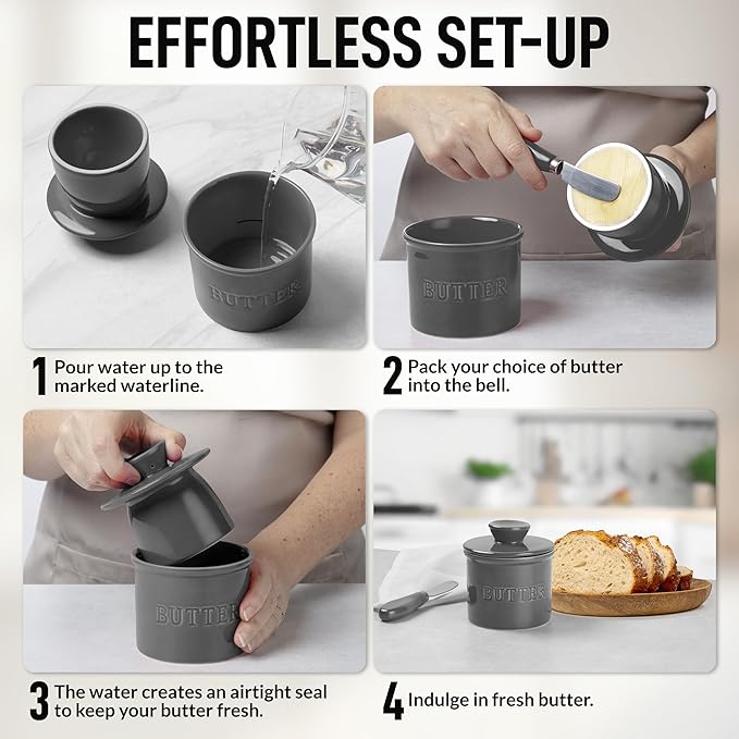 Zulay Kitchen Porcelain Butter Crock With Lid & Knife - Authentic French Butter Dish For Fresh & Spreadable Butter - Gray