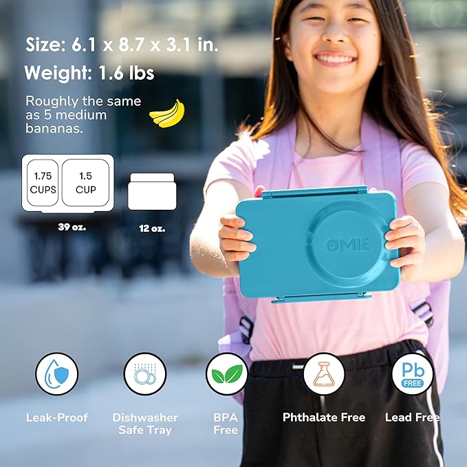 Omie OmieBox UP bento Box for Kids | Insulated Lunch Box | Leak Proof Vacuum Insulated Thermal Food jar | Cooler ice Pack | 2 Compartments (Teal Green)