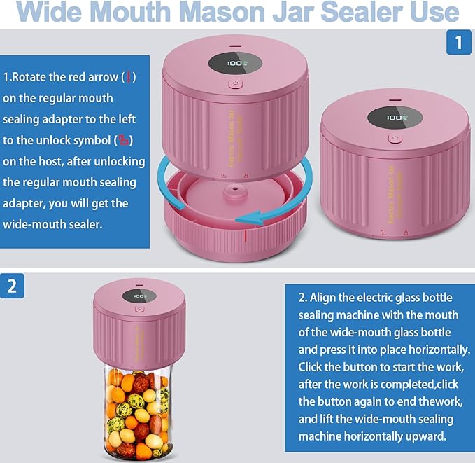 Electric Mason Jar Vacuum Sealer Kit for Wide Mouth and Regular Mouth Mason Jar - Pink