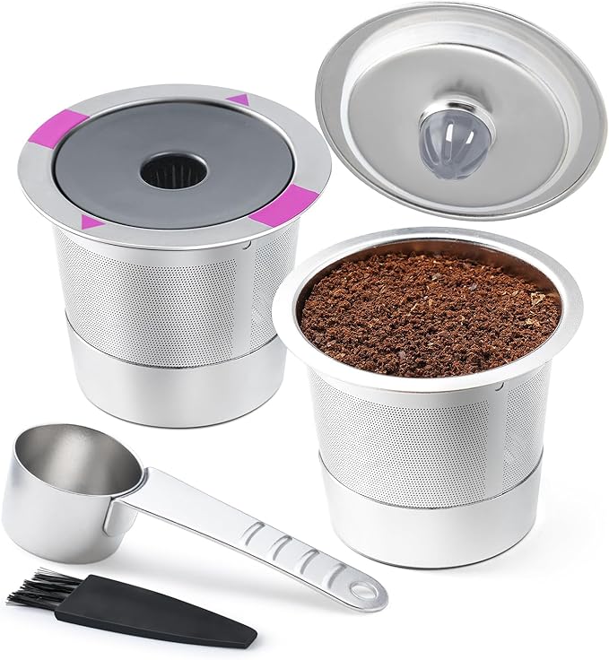 2 Pack Stianless Steel Reusable K Cup Coffee Pods Compatible for K eurig 1.0 & 2.0 Coffee Maker Refillable K-eurig Coffee Filter with A Stainless Steel Spoon