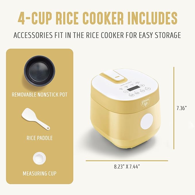 GreenLife Digital Rice Cooker, 2-Cups Uncooked/4-Cups Cooked, Removable Nonstick Ceramic PFAS-Free Pot, One-Touch Presets, Oats, Quinoa, Brown Rice, Auto Keep Warm, Fuzzy Logic Tech, 1.5 QT, Butter Yellow