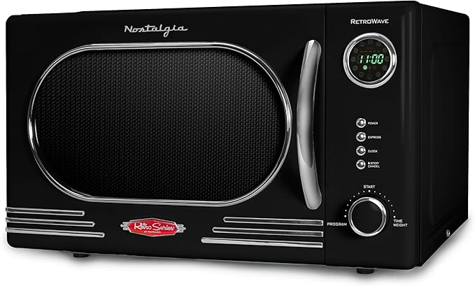 Nostalgia NRMO11BK6A 1000 Watt Power Retro Countertop Microwave Oven Easy to Clean with Removable Glass Turntable-Child Safety Lock-12 Programs-Digital Clock, 1.1 Cu. Ft, Black