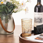 Vintage Textured Amber Striped Drinking Glasses Set of 6, 13 oz Ribbed Glassware with Flower Embossed Design, Romantic Cocktail Set, Juice Glass, Iced Coffee Cup, Colored Water Glasses Tumblers