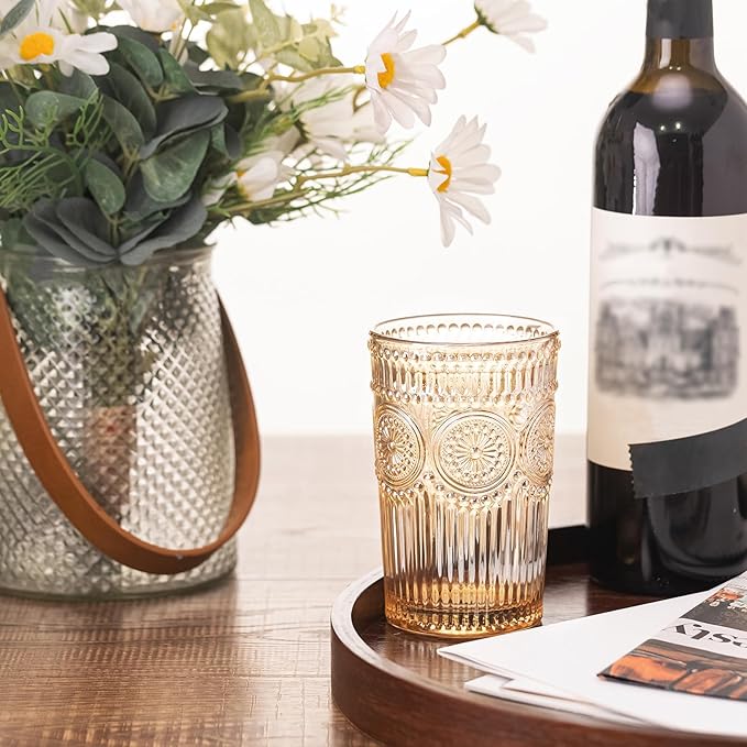 Vintage Textured Amber Striped Drinking Glasses Set of 6, 13 oz Ribbed Glassware with Flower Embossed Design, Romantic Cocktail Set, Juice Glass, Iced Coffee Cup, Colored Water Glasses Tumblers