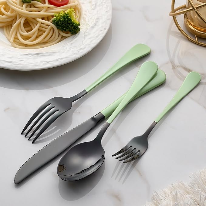 20-Pieces Green and Black Silverware Sets for 4,Green Handle Stainless Steel Cutlery Set, Include Forks Spoons and Knives Set, Dishwasher Safe Utensil Sets for Home Restaurant