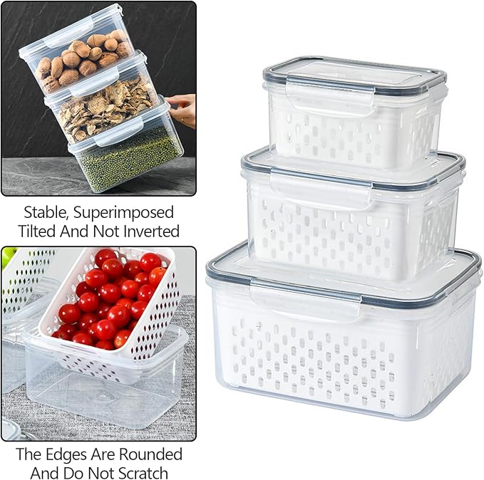 3 PCS Fruit Storage Containers for Fridge with Removable Colander, Leak proof Food Storage Containers, Airtight Food Storage Containers, Food Storage Container with Lids, Keep Food Meat Fresh