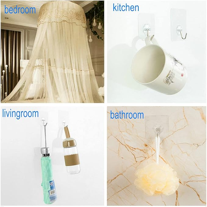 24 Pack Heavy Duty Self Adhesive Hooks - 33lb Max, Transparent, Waterproof, Sticky Wall Hooks for Keys, Bathroom, Shower, Outdoor, Kitchen, Door, Home Improvement, Utility