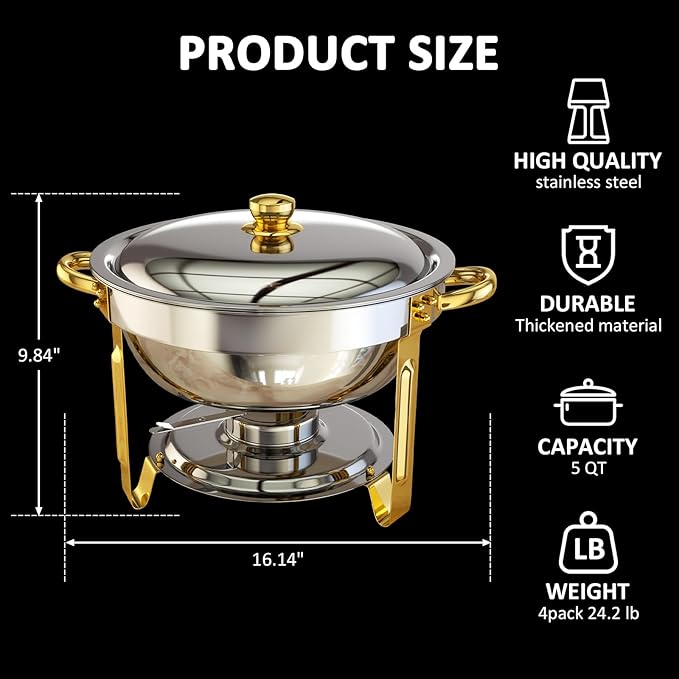 Chafing Dishes for Buffet, 6 Pack 5QT Round Chafing Dish Buffet Set [Elegant Gold and Silver Colors] Stainless Steel Buffet Servers and Warmers for Catering Events Parties Dinners with Complete Set