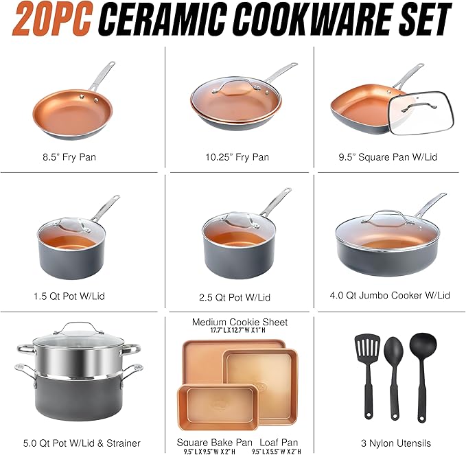 GOTHAM STEEL 20 Pc Ceramic Cookware Set, Copper Pots and Pans Set Non Stick with Bakeware, Cooking Utensils, and Steamer, Oven and Dishwasher Safe