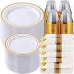 Goodluck 700 Piece Gold Plastic Dinnerware Set for 100 Guests, Disposable Plates for Party, Include: 100 Dinner Plates, 100 Dessert Plates, 100 Pre Rolled Napkins with Silverware, 100 Cups