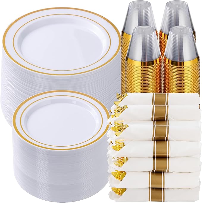 Goodluck 700 Piece Gold Plastic Dinnerware Set for 100 Guests, Disposable Plates for Party, Include: 100 Dinner Plates, 100 Dessert Plates, 100 Pre Rolled Napkins with Silverware, 100 Cups