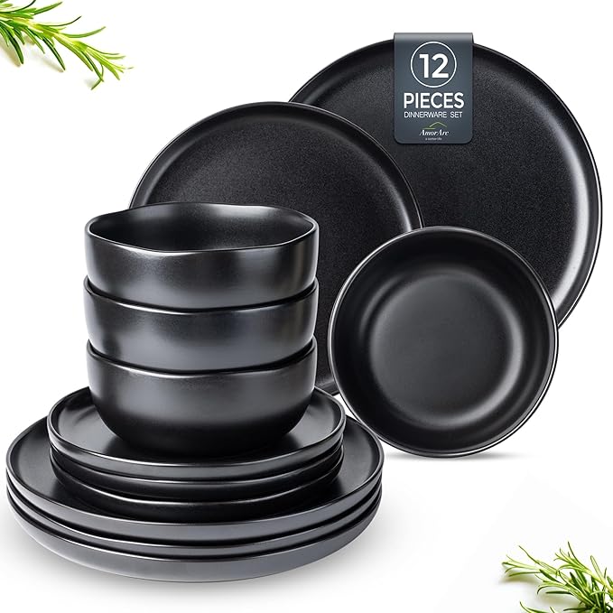 AmorArc Ceramic Dinnerware Sets, Wavy Rim Stoneware Plates and Bowls Sets, Highly Chip and Crack Resistant | Dishwasher & Microwave & Oven Safe Dishes set, Service for 4 (12pc)-Matte Black