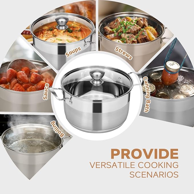 Ohtomber 8 Quart Stock Pot - Stainless Steel Large Cooking Induction Pot with Lid for Pasta, Soup, Spaghetti, Nonstick Thick Base Deep Stockpot, Kitchen Cookware for Stew, Simmer, Boiling, Canning