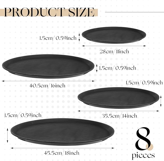 Zopeal 8 Pieces Black Round Restaurant Serving Tray, Plastic Non Slip Surface Food Meals Server Tray with Raised Edges for Home, Kitchen, Restaurant, Cafeteria, Bar (11",14",16",18")