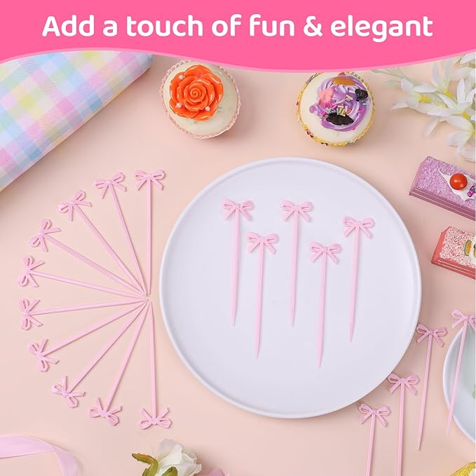 100Pcs Pink Toothpicks Plastic Bow Cocktail Picks Long Fruit Skewers Christmas Bow Drink Stirrers Cupcake Toppers Fancy Toothpick for Appetizers Drinks Wedding Coquette Birthday Bow Party Decorations