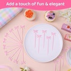 100Pcs Pink Toothpicks Plastic Bow Cocktail Picks Long Fruit Skewers Christmas Bow Drink Stirrers Cupcake Toppers Fancy Toothpick for Appetizers Drinks Wedding Coquette Birthday Bow Party Decorations