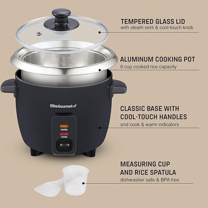 Elite Gourmet ERC003B Electric Rice Cooker with Automatic Keep Warm Makes Soups, Stews, Grains, Hot Cereals, 6 Cups Cooked (3 Cups Uncooked), Black