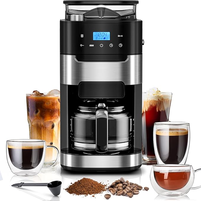 Kismile 10-Cup Digital Drip Coffee Maker with Built-In Grinder, 12-Hour Timer, Programmable, 1.5L Water Tank, Keep-Warm Function, Combo Brewer and Grinder for Home & Office Use