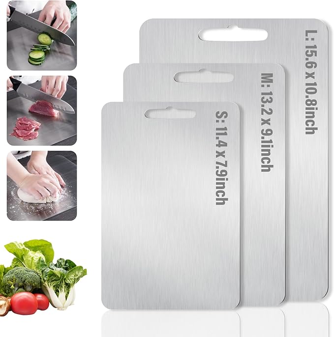 Stainless Steel Cutting Board, 3 PCS Double Sided Cutting Boards for Kitchen, SUS 316 Food-Grade Non Toxic Stainless Steel Chopping Board for Meat, Fruit and Vegetable
