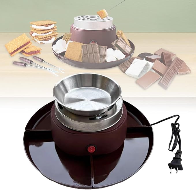 Electric Maker Electric Fondue Pot Set with Forks 4 Detachable Trays Maker Set for Wedding Family Party Indoor, Reddish Brown