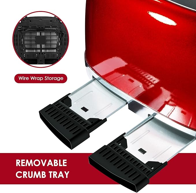 Roter Mond 4 Slice Toaster Retro Stainless Steel with Bagel Defrost Cancel Function, 6 Browning Settings, Extre Wide Slot and Removable Crumb Tray, Red, ST033