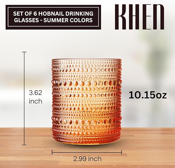 Khen Hobnail Drinking Glasses - Colorful Tumblers, 10 oz Drinkware for Parties, Brunches, BBQs, Picnics & Gifts - Cups for Cocktails, Iced Tea & Juice - BPA-Free - Set of 6, Summer Colors