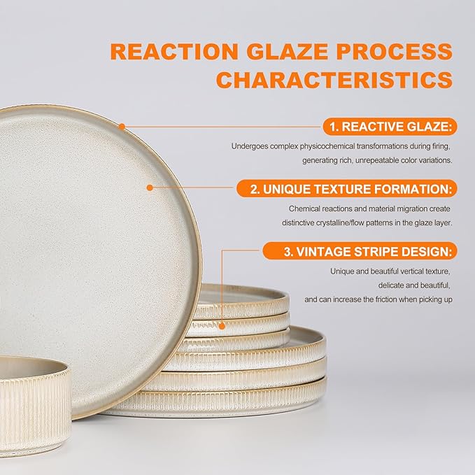 Stoneware Dinnerware Sets, Plates and Bowls Set for 4, 12-Piece Ribbed Dishes – Chip & Scratch Resistant, Microwave and Dishwasher Safe Tableware, Cream Off-White