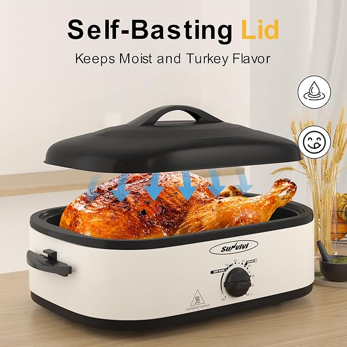 Sunvivi 14-Quart Roaster Oven with Self-Basting Lid, Electric Turkey Roaster Oven with Removable Pan and Rack, Stainless Steel, White