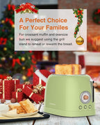 CROWNFUL 2-Slice Toaster, Extra Wide Slots Toaster, Retro Stainless Steel with Bagel, Cancel, Defrost, Reheat Function and 6-Shade Settings, Removal Crumb Tray, Green