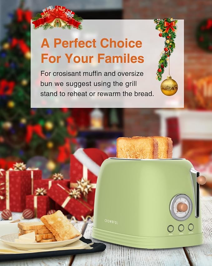 CROWNFUL 2-Slice Toaster, Extra Wide Slots Toaster, Retro Stainless Steel with Bagel, Cancel, Defrost, Reheat Function and 6-Shade Settings, Removal Crumb Tray, Green