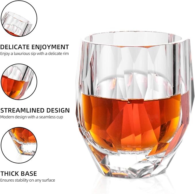 KAMMAK Geometric Faceted Whiskey Glass Modern Crystal Tumbler with Thick Stable Base 7.78 oz Lead-Free Elegant Barware for Scotch, Bourbon, Cocktail, Wine - Ideal Gift & Modern Home Drinkware