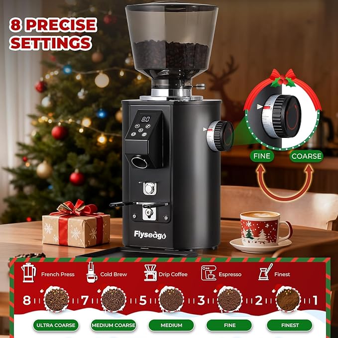 Commercial Coffee Grinder Heavy Duty - 64mm SS Flat Burrs, 8 Precise Settings, Button Control, 35oz Hopper, Business and Home Use, Black 400W